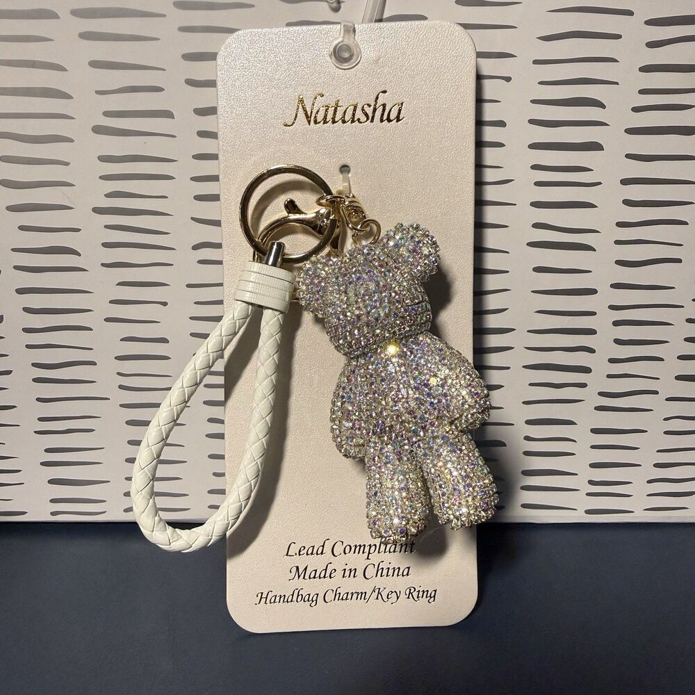 Natasha White Rhinestone Teddy Bear Handbag Charm Key Ring Braided Strap Bling